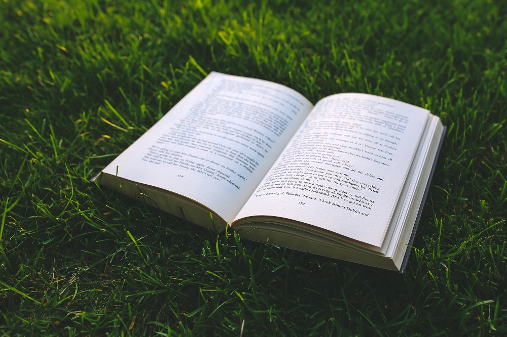 an open book lying on grass