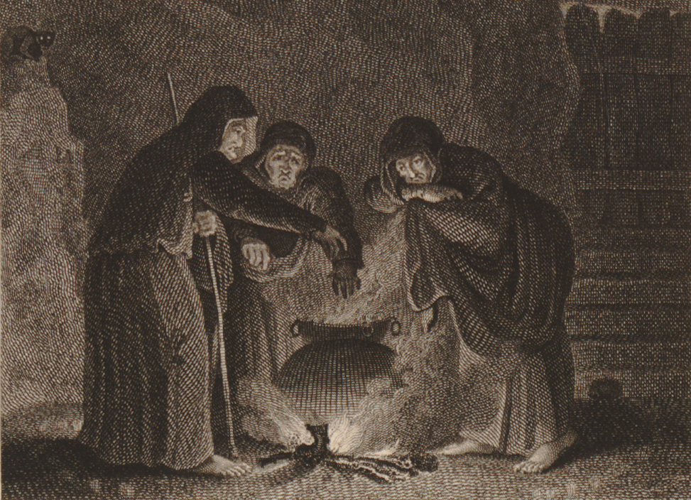 Macbeth three witches, around the cauldron. Act 1 